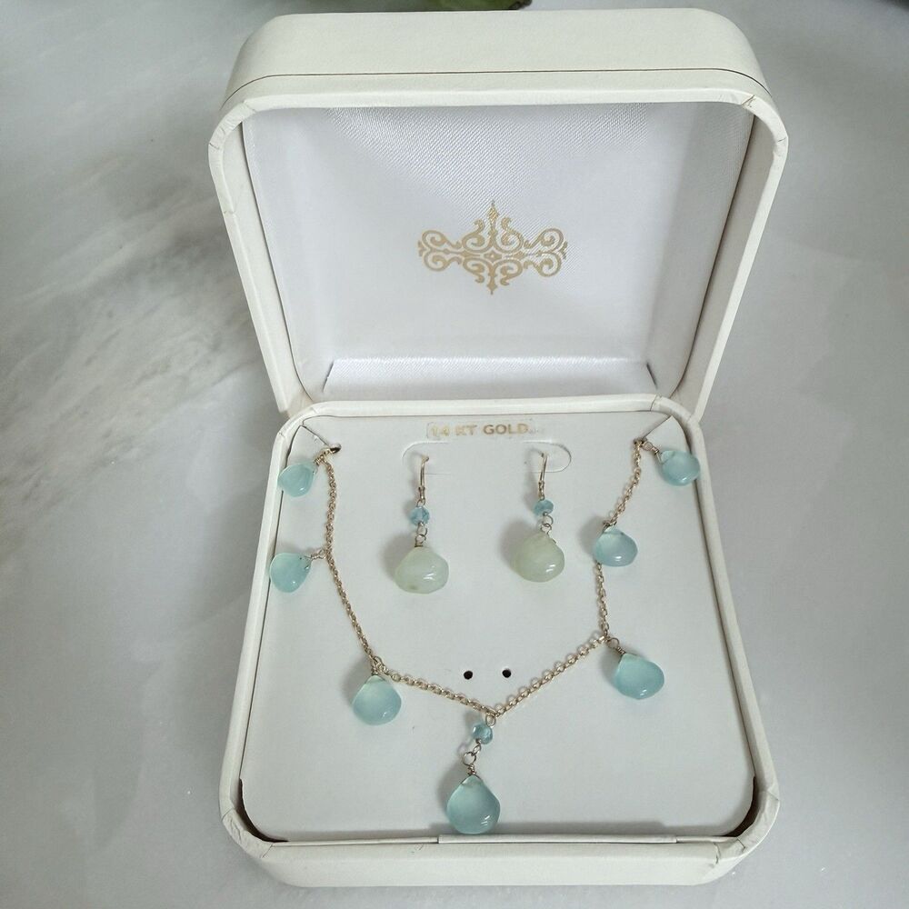 NEW Jewelmak 14K Gold Seafoam Chalcedony Necklace Earring Set Vintage Boho - Picture 14 of 15